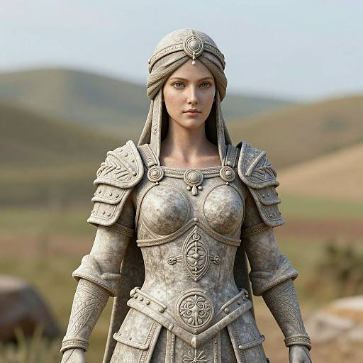 CGI image of a serious, armored woman with silver metal armor, headpiece, and intricate designs, standing in a blurred, mountainous landscape.