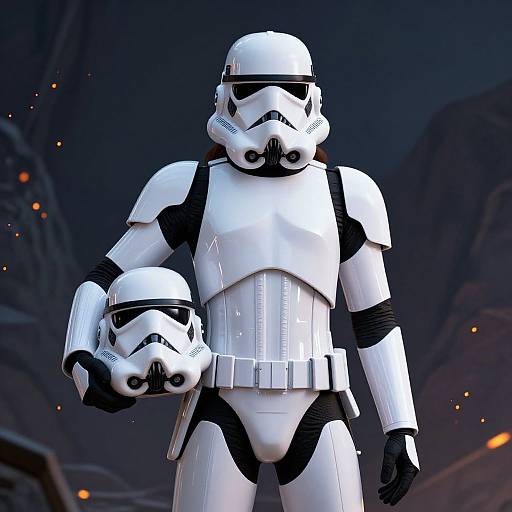 CGI image of a tall white-armored Stormtrooper holding a smaller Stormtrooper helmet, set against a dark, rocky, fiery background.