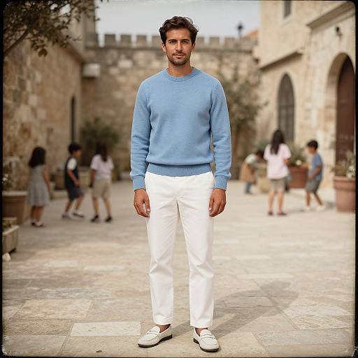 Photograph of a handsome man with short dark hair and beard, wearing a light blue sweater, white pants, and white sneakers, standing in a sun