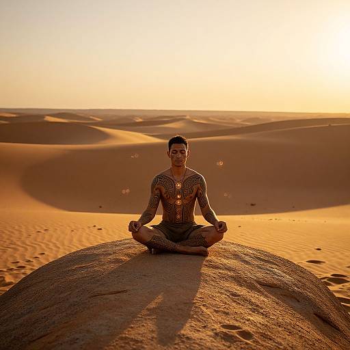 Photograph of a tattooed man in patterned clothing, meditating in lotus position on a sand dune at sunset in a vast desert.