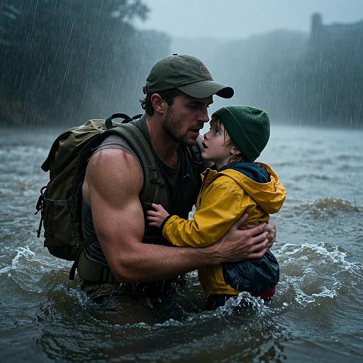 Photograph of a muscular man in a gray tank top and green cap, hugging a child in a yellow jacket and green beanie, standing in