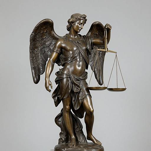 Bronze statue of a winged, muscular male figure with classical features, holding a balanced scale in his right hand, draped in a cloth. Phot