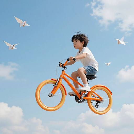 Photograph of an Asian boy with black hair, wearing a white shirt and blue shorts, riding an orange bike, soaring against a bright blue sky with