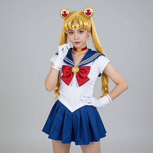 Photograph of a blonde cosplayer dressed as Sailor Moon, wearing a white sailor uniform, red bow, blue skirt, white gloves, and red head