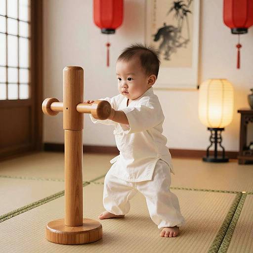 Photograph of an Asian baby in a white martial arts outfit, practicing with a wooden training pole in a traditional Japanese room.