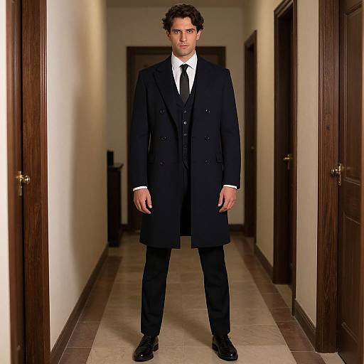 Photograph of a man with curly brown hair, standing in a hallway, wearing a black double-breasted overcoat, white shirt, black tie,