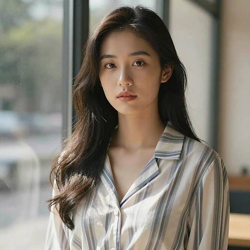 Serene Young Woman in Striped Shirt