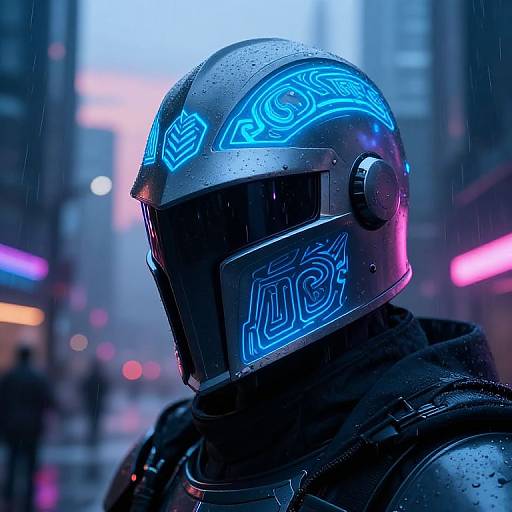 Futuristic Knight Helmet in Cyberpunk City