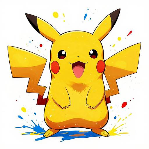 Vibrant digital illustration of Pikachu, a yellow, chubby, Pikachu-like Pokémon with black-tipped ears, red cheeks, and a lightning bolt tail