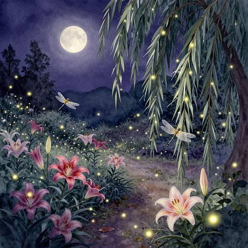 Moonlit night scene with glowing fireflies, pink lilies, and dragonflies under a weeping willow tree, illuminated by a bright full moon