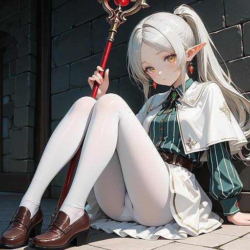Elf Girl with Red Staff Sitting Against Stone Wall