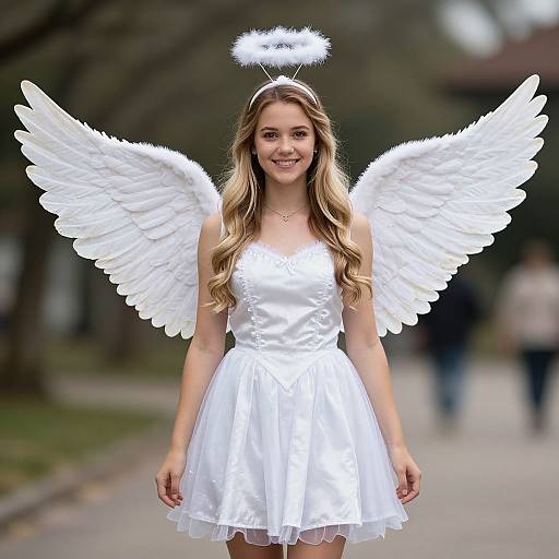 Photograph of a young blonde woman with white angel wings, halo, and white dress, smiling outdoors on a blurred park path.
