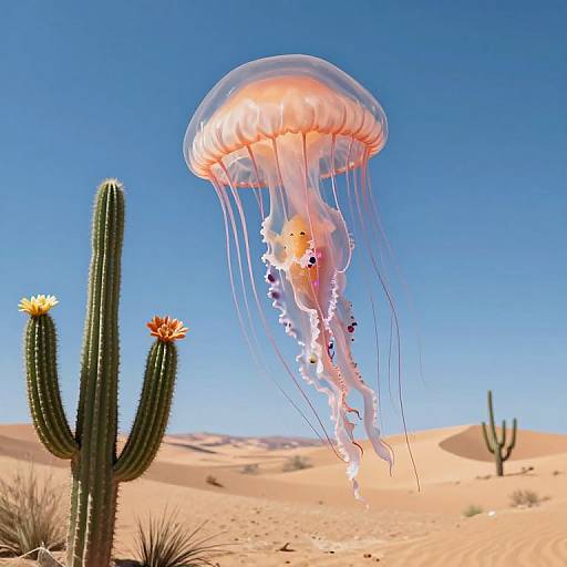 Photorealistic CGI of a glowing jellyfish with long, translucent tentacles floating above a desert landscape with tall cacti and clear blue sky.