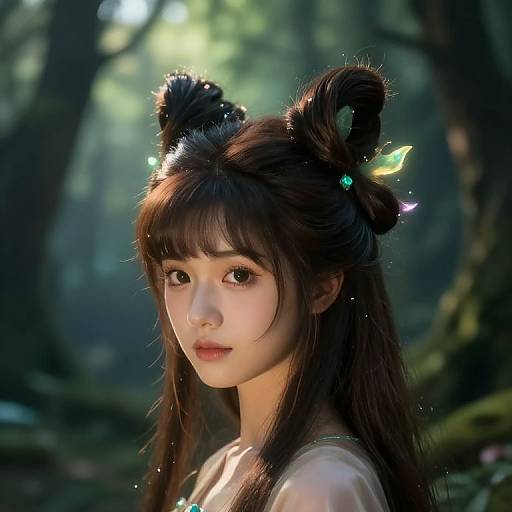 Digital artwork of an Asian woman with fair skin and long brown hair in a double bun, adorned with glowing butterflies, set in a mystical forest.