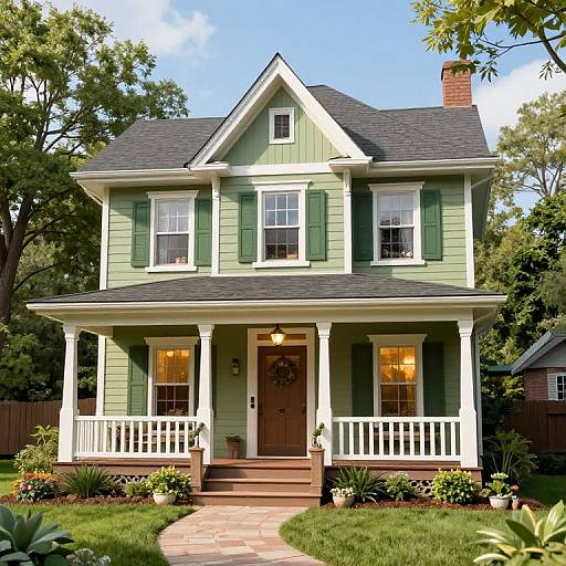 Photograph of a charming two-story green Victorian house with white trim, front porch, and lantern, surrounded by lush greenery.