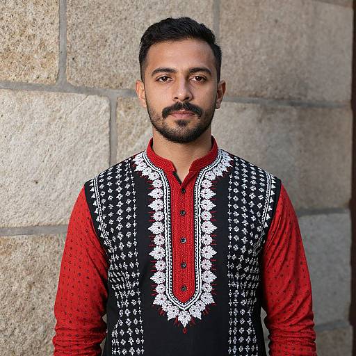 Photograph of a bearded man with dark hair, wearing a red shirt and black vest with white intricate patterns, standing against a textured stone wall.