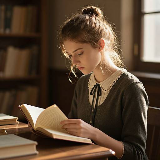 Photograph of a young woman with light brown hair in a bun, wearing a black cardigan and white blouse, reading a book in a sunlit