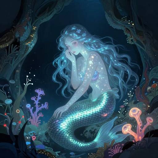 Digital artwork of a glowing, blue-haired mermaid with a shimmering, iridescent tail, surrounded by vibrant, bioluminescent sea creatures