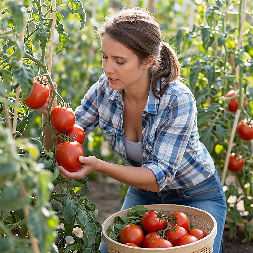Woman Harvesting Tomatoes in Garden