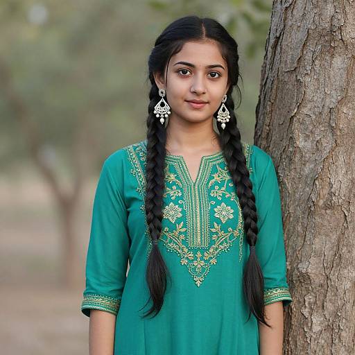 Photograph of a young South Asian woman with long black braids, wearing a green traditional embroidered top, white earrings, standing against a tree in a
