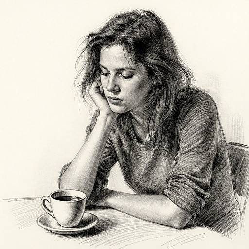 Black and white sketch of a woman with long, wavy hair, resting her head on her hand, looking down at a cup of coffee on a