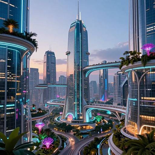 Digital CGI of a futuristic cityscape at dusk, featuring glowing skyscrapers, neon-lit highways, vibrant purple and green floral displays, and illuminated