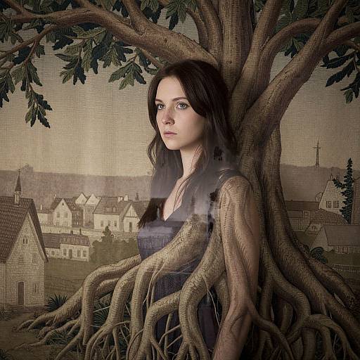 Digital artwork of a pale, dark-haired woman with blue eyes, partially merged with a large tree, standing in front of a quaint, sepia-ton