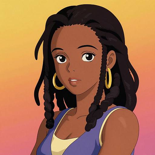 Digital illustration of a dark-skinned woman with braided hair, large golden hoop earrings, wearing a blue tank top, set against a gradient pink to