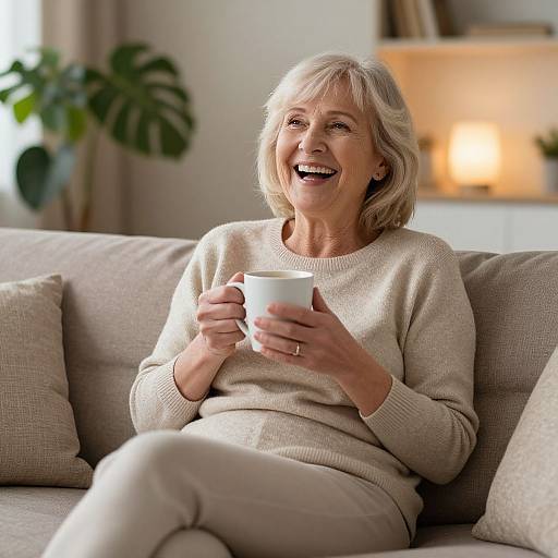 Photograph of a smiling elderly woman with short gray hair, wearing a beige sweater and pants, holding a white mug on a beige couch in a warmly