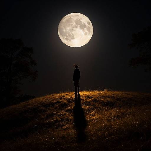 Silhouetted person standing on grassy hill, gazing at large, bright full moon in dark night sky, long shadow cast below. Photograph