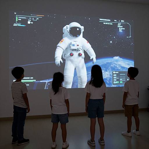 Photograph of four children standing in front of a projection of an astronaut on a large screen, displaying space controls, in a dimly lit room.