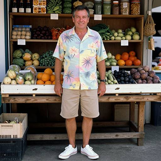 Photograph of middle-aged man with short brown hair, wearing a colorful floral shirt, beige shorts, and white sneakers, standing in front of a wooden