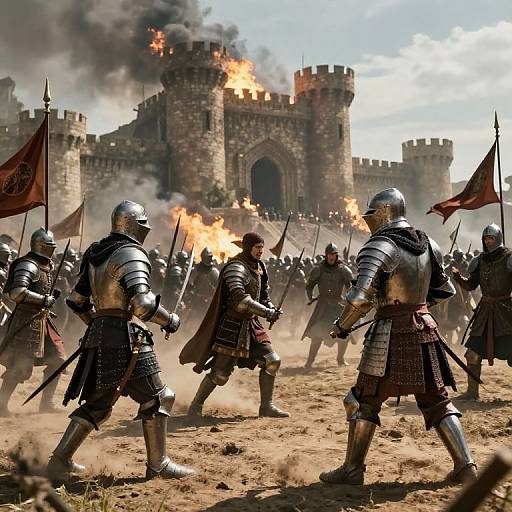 Photograph-style CGI of medieval battle scene: armored knights with swords and flags charge toward burning castle, smoke billowing, dusty ground.
