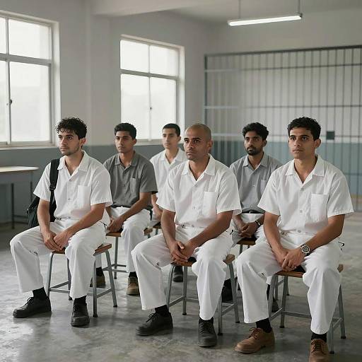 Group of Men in Prison Uniforms in Industrial Room