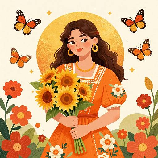 Retro Folk Woman with Sunflowers