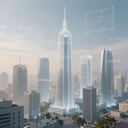 Photorealistic CGI of a futuristic cityscape with illuminated skyscrapers, highlighted central tower, and transparent architectural overlays in the sky.