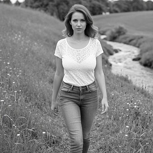 Black-and-white photograph of a woman with wavy hair, wearing a white lace top and blue jeans, walking through a grassy field by a flowing
