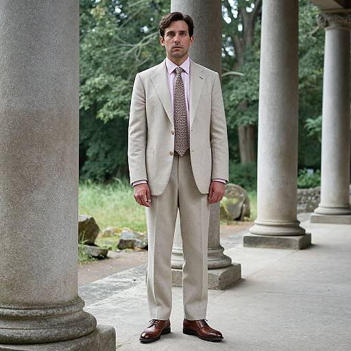 Man in Beige Suit Among Ancient Pillars