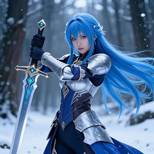Digital artwork of a blue-haired, armored female warrior with glowing blue sword, standing in a snowy forest, holding her sword confidently.