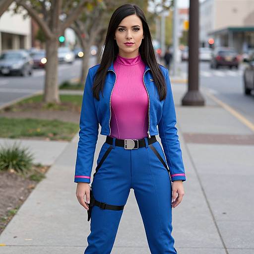 Photograph of a confident woman with long black hair, wearing a blue jacket, pink turtleneck, and blue pants with a black belt and thigh