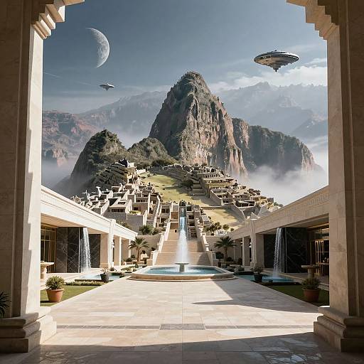 Photorealistic image of a futuristic Inca-style village with water fountain, surrounded by towering mountains, spacecraft, and a crescent moon in the sky