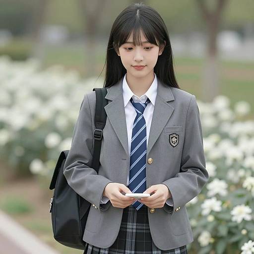 Asian Schoolgirl in Uniform Holding Phone Outdoors