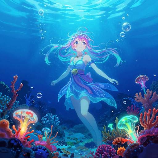 Digital anime-style underwater scene: a glowing blue-haired mermaid with a translucent dress swims gracefully among vibrant, colorful corals and bioluminescent jelly