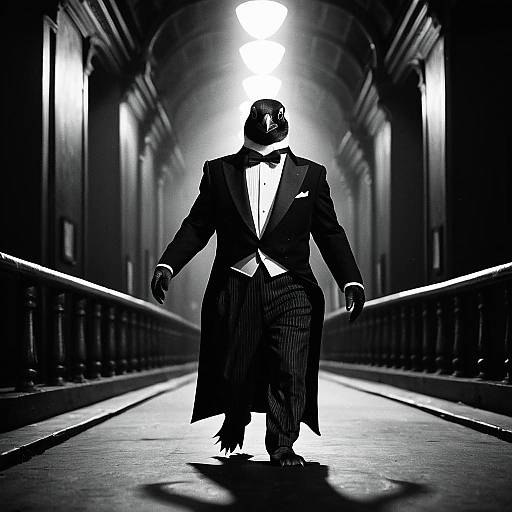 Penguin in Tuxedo Walking in Film Noir Style