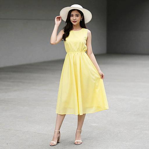 Woman in Yellow Dress and White Hat