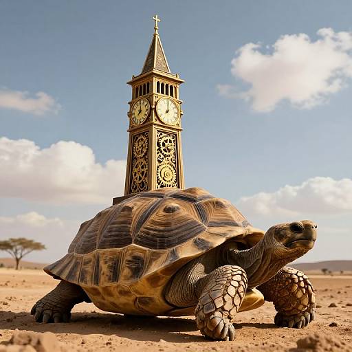 Photograph of a large tortoise with a clock tower shell, standing in a desert with a clear blue sky and white clouds.