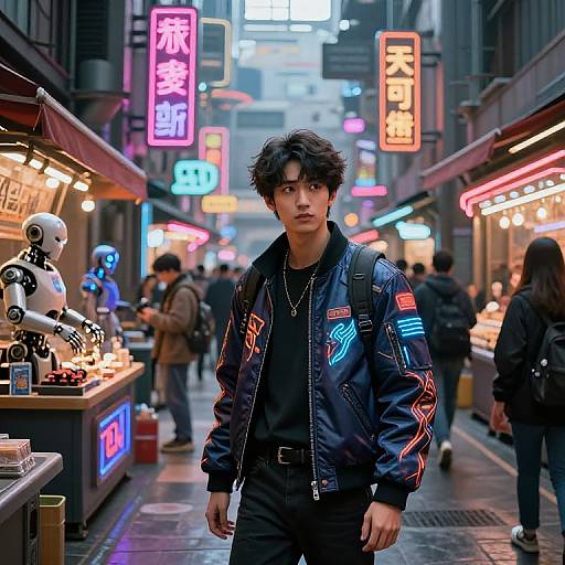 Photograph-style digital artwork of a young man with curly hair, wearing a neon-embellished jacket, walking through a vibrant, neon-lit