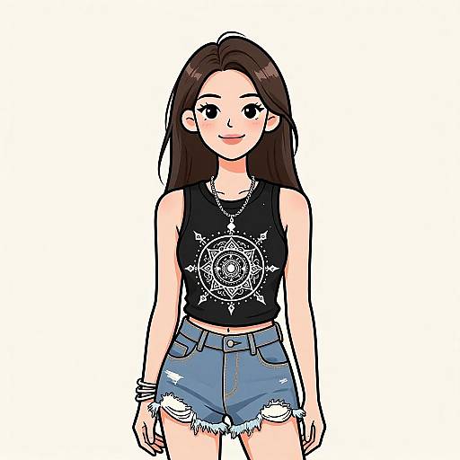 Digital drawing of a smiling young woman with long brown hair, wearing a black sleeveless top, blue distressed denim shorts, necklace, and bracelets, standing