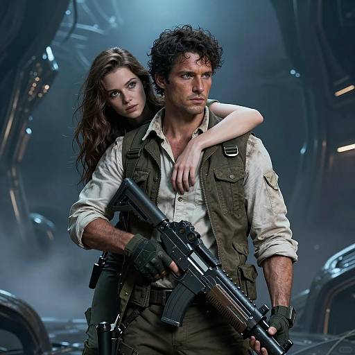 Futuristic Soldier and Woman in Alien Environment