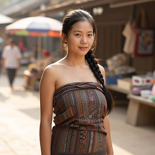 Photograph of a young Asian woman with long black braided hair, wearing a strapless, patterned brown dress, standing in a sunlit,